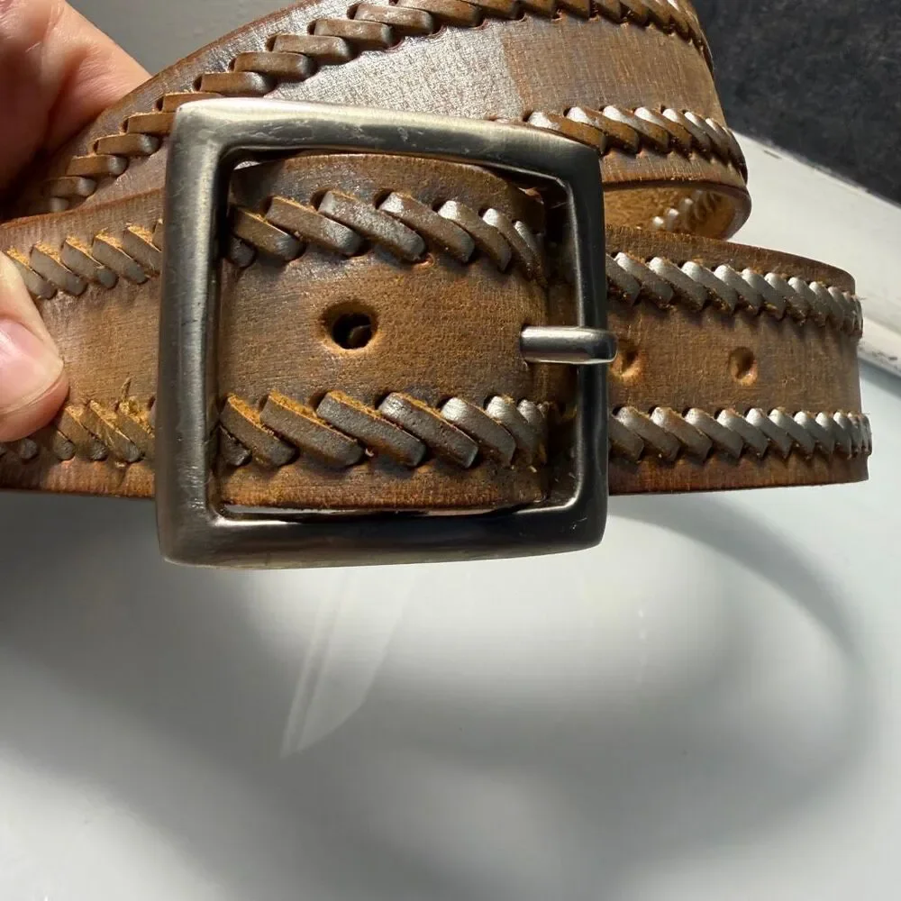 Genuine Leather Brown Whipstitch Western Belt Silver Buckle Size 34